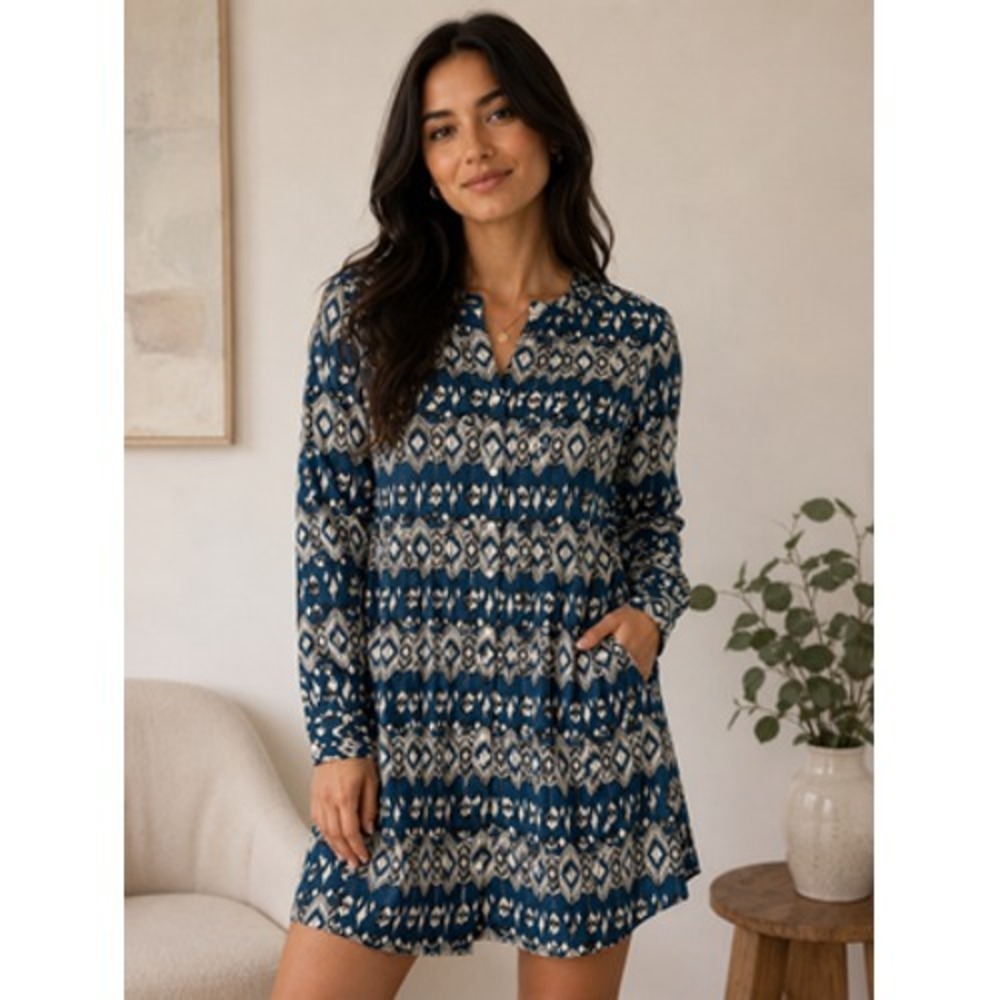 Sandra Ingrish & Co Dress Womens XL‎ Blue Geometric Rayon Long Sleeve Shift